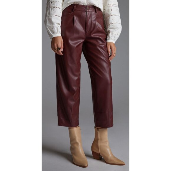 Anthropologie Faux Leather Pleated Straight Leg Pants 27 Burgundy The Breaker